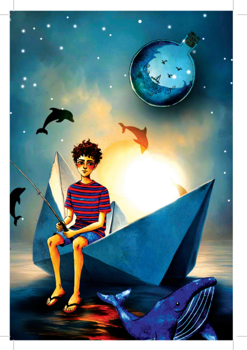 Ilustração de Beleléu: menino sentado em um barco de papel azul, cercado por uma baleia e golfinhos.