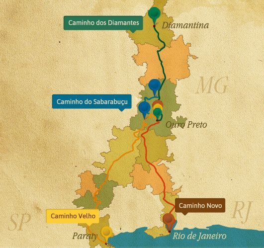 Mapa da Estrada Real em tons de pergaminho, ligando Paraty e Rio de Janeiro a Ouro Preto e Diamantina